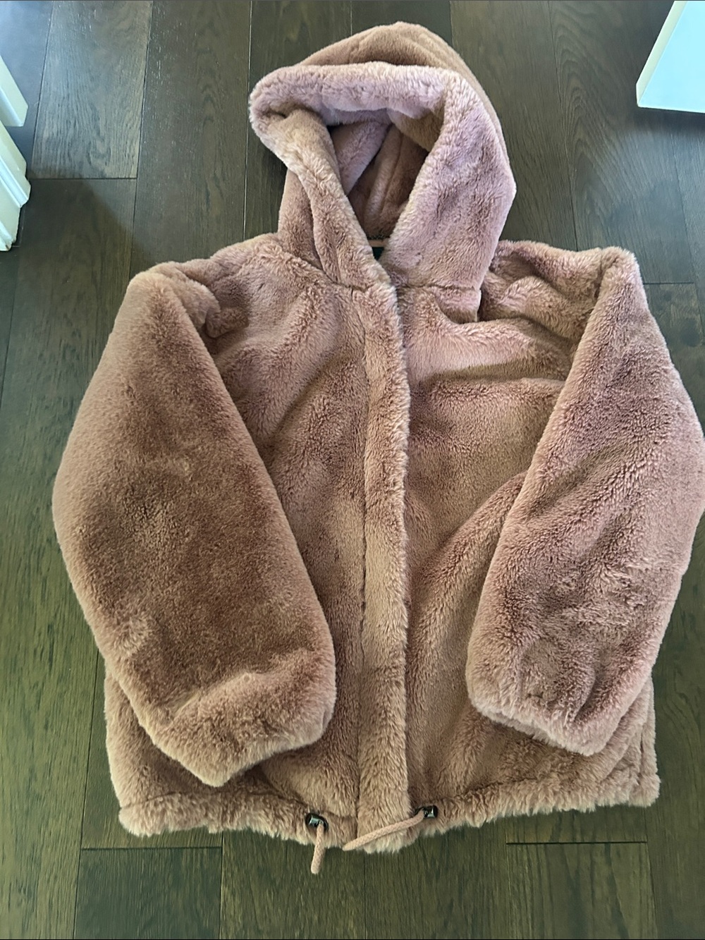 Lucky Brand Plush Hooded Puffer Jacket in Mauve with hood.